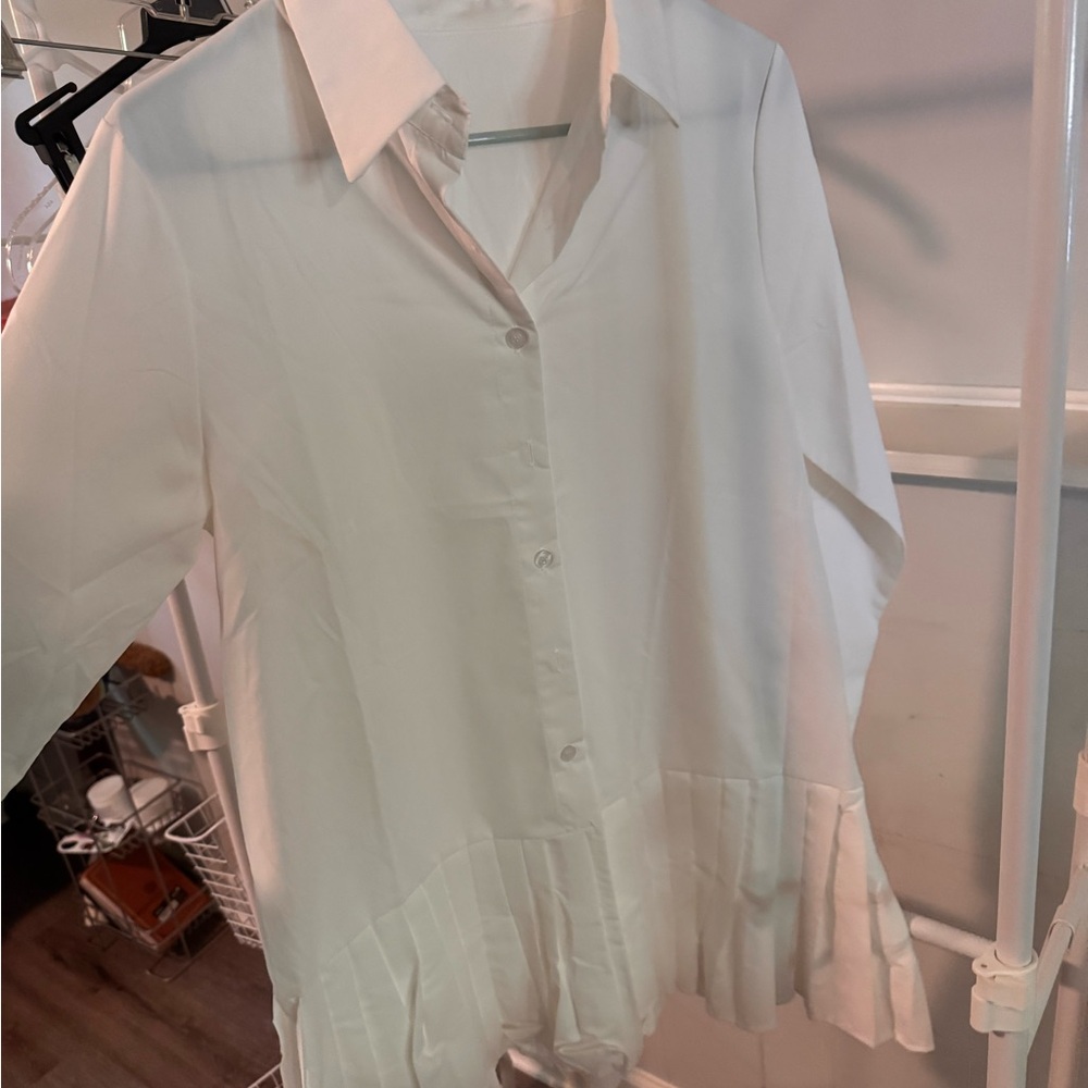 Cream Button Down Dress Shirt with Pleated Design